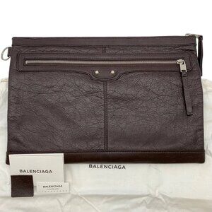 BALENCIAGA Classic Clip M Clutch Bag Dark Brown Leather